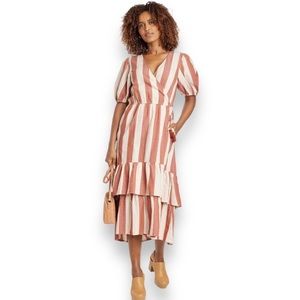 Knox Rose Bronze Wave Striped Wrap Puff Sleeve Midi Dress Medium